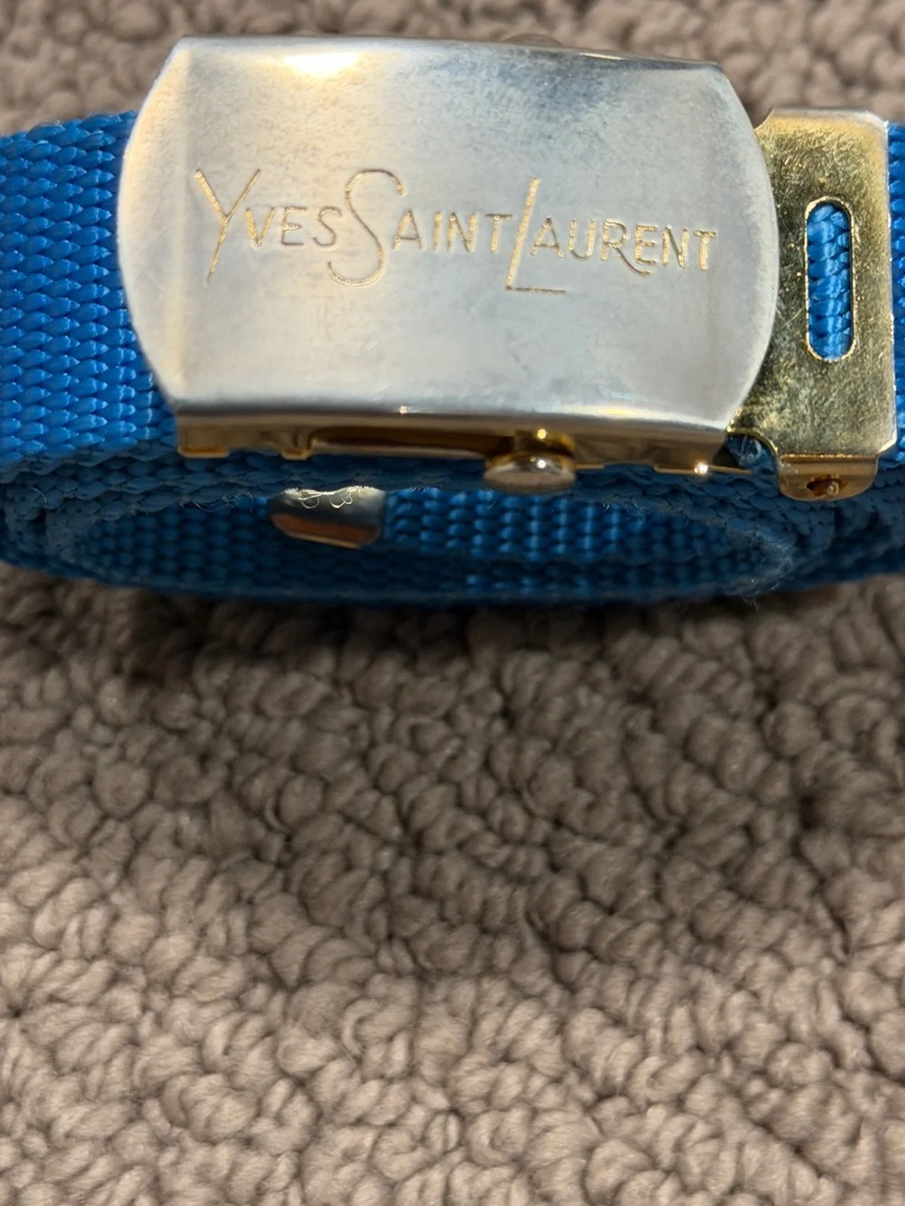 Yves Saint Laurent Bright Blue Webbing Belt with Silver Buckle